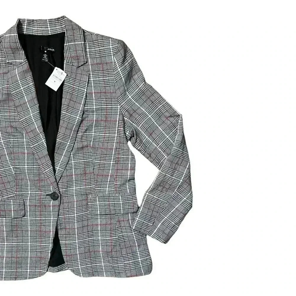 Aqua NWT Black Red Plaid Blazer Size Medium - Picture 3 of 5